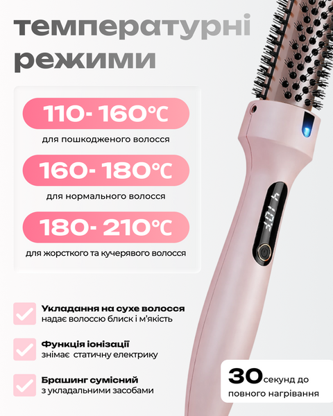 Термобраш для укладання волосся з LCD-дисплеєм та функцією іонізації, швидкий нагрів і регулювання температури 160&ndash;210&deg;C для комфортного стайлінгу &mdash; купити в інтернет-магазині ANSORI: фото та ціна