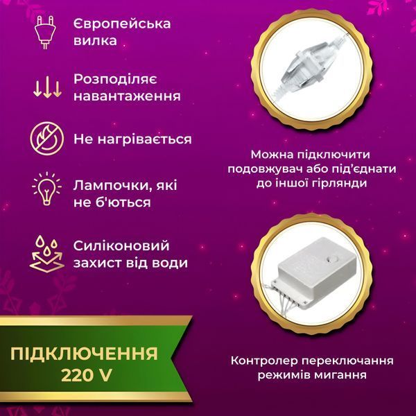 Гирлянда штора 3х2 м Роса 200 LED лампочек медный провод 10 линий и 8 режимов RGB