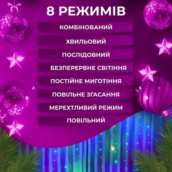 Гирлянда штора 3х2 м Роса 200 LED лампочек медный провод 10 линий и 8 режимов RGB