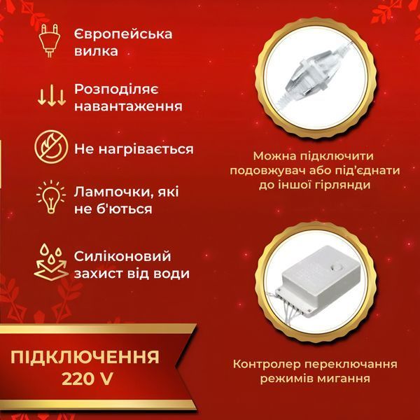 Гирлянда штора Роса 3х3 м 200 LED медный провод 8 режимов 10 нитей Желтая