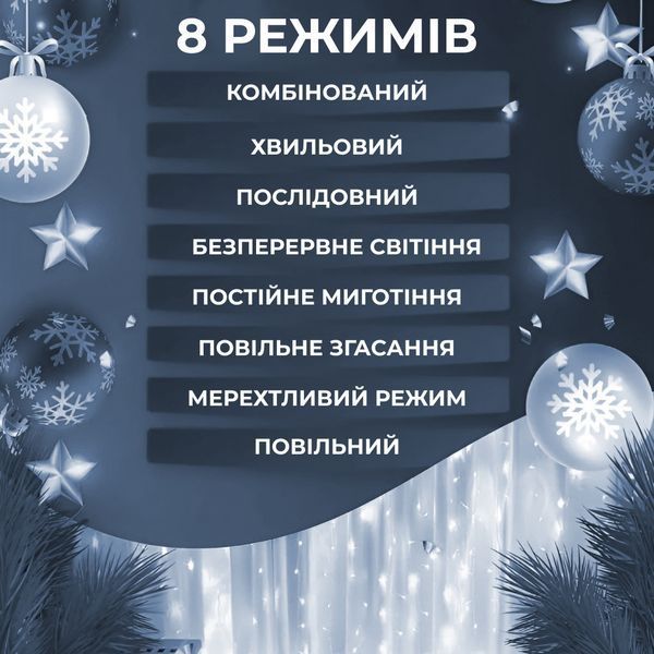 Гирлянда штора Роса 3х3 м 200 LED медный провод 8 режимов 10 нитей Белая