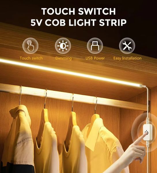 LED-стрічка COB USB 5 м, теплий білий, суцільне світло на клейкій основі