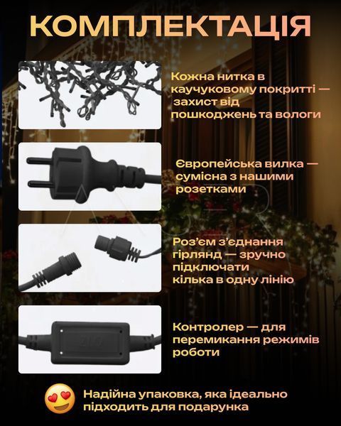 Гірлянда Бахрома вулична 12 м - тепле світло на білому дроті, для фасаду та даху &mdash; купити в інтернет-магазині ANSORI: фото та ціна