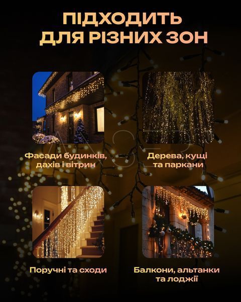 Гірлянда Бахрома вулична 12 м - тепле світло на білому дроті, для фасаду та даху &mdash; купити в інтернет-магазині ANSORI: фото та ціна