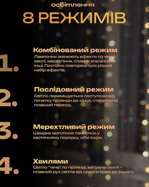 Гирлянда-штора Роса 3&times;2 м, 200 LED, медная проволока, 10 линий, 8 режимов освещения, USB