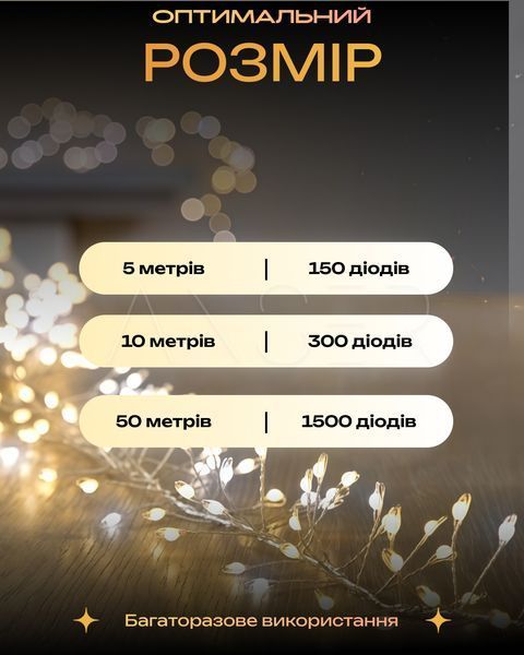 Гирлянда Мишура 30 м с тёплым белым светом - прозрачный провод, праздничный декор, 8 режимов