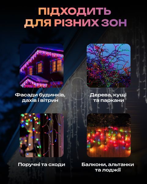 Гирлянда Бахрома уличная 12 м - разноцветный свет на белом проводе, для фасада и крыши &mdash; купить в интернет-магазине ANSORI: фото и цена
